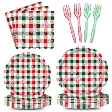Imagem de Conjunto de 96 peças de utensílios de mesa xadrez de Natal – pratos, guardanapos e garfos descartáveis xadrez vermelho e verde com design de floco de neve para festas de fim de ano, aniversários de