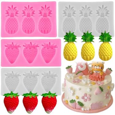 Imagem de 4 peças moldes de fondant de morango e abacaxi molde de silicone de chocolate de frutas DIY para decoração de bolos, topo de cupcake, chocolate, doces, velas, argila