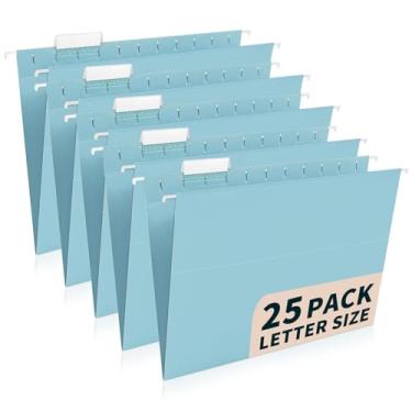 Imagem de Pacote com 25 pastas de arquivo suspensas, tamanho carta, inclui 35 cartões de etiquetas transparentes e 50 etiquetas adesivas, abas cortadas em 1/5 para organização de casa e escritório (azul claro)