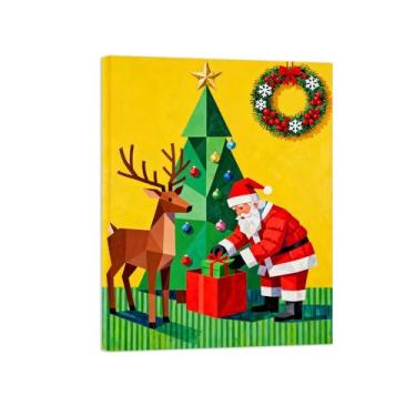 Imagem de Quadro arte parede Natal-Impressões em tela-Árvore veado cubista-Pintura decoração festiva para sala de estar cozinha 60x80cm Tela Embrulhada
