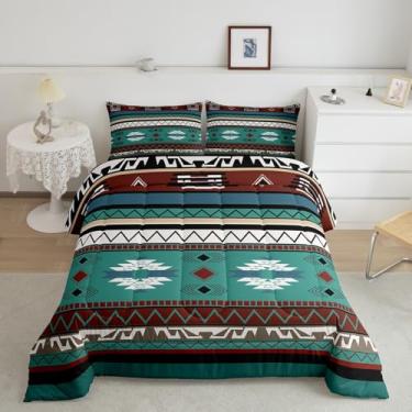 Imagem de jejeloiu Conjunto de cama boêmio, tamanho casal, sudoeste, nativo asteca, para meninos, meninas, adolescentes, sudoeste, nativo americano, capa de edredom com design de capa de edredom azul-petróleo