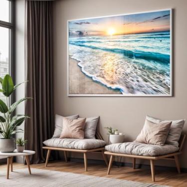 Imagem de Quadro com Moldura e Acrilico Cristal Vidro Sala Quarto Ondas Praia Mar Por do Sol Paisagem Decorativo Horizontal Grande Hall