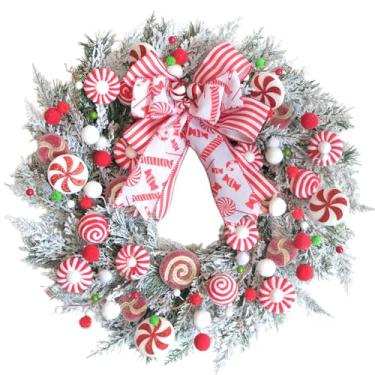 Imagem de TEMPUS Guirlanda de Natal artificial de pinheiro fosco de 61 cm para porta da frente com pompons, bengalas de doces e laço, janela de parede interna e externa, decoração de férias para casa