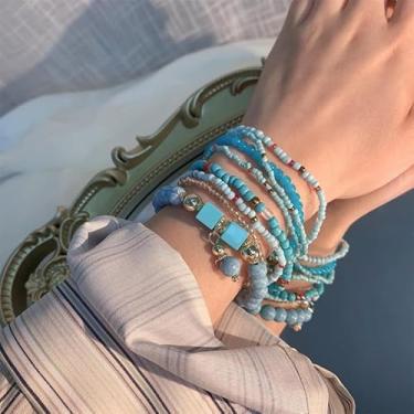 Imagem de Conjunto de 8 peças/conjunto de pulseiras de contas boêmias feitas à mão femininas para o verão, colorido, empilhável, com contas elásticas, acessórios de joias, Type D, Ligas metálicas Pérolas, Sem