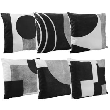 Imagem de 6 peças de capas de almofada decorativas, capa de almofada curta de pelúcia preta e branca cinza capa de almofada geométrica macia respirável com zíper fácil de limpar para sofá sofá 45 x 45 cm