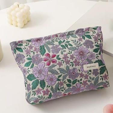 Imagem de Bolsa de maquiagem jacquard floral vintage – Organizador de cosméticos portátil com zíper para viagens e uso diário, Flor verde roxa, Bolsa de higiene pessoal