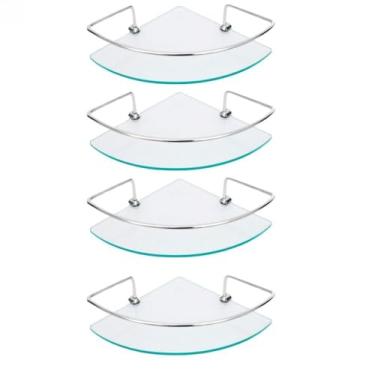Imagem de Kit 4 Prateleiras de Canto para Banheiro em Vidro 6mm Incolor com Suporte de Alumínio – Porta Shampoo Organizador Resistente e Elegante