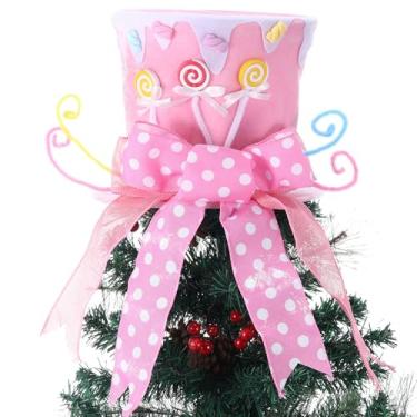 Imagem de Soulchen Chapéu de árvore de Natal de veludo pastel rosa doce com fita de laço e enfeite de pirulito, enfeite de Natal para decoração de Natal e escritório em casa (estilo de bolinhas)