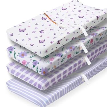 Imagem de Pacote com 4 lençóis de berço de borboleta, roxo, para berço de tamanho padrão, macio e respirável (trocador de fraldas)