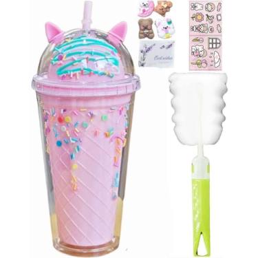 Imagem de windyswag Copo de viagem de gato com canudos, sorriso, donut, gelo, bebidas, garrafa de água, caneca de café infantil brilhante, copo de plástico reutilizável, presente de aniversário (rosquinha de