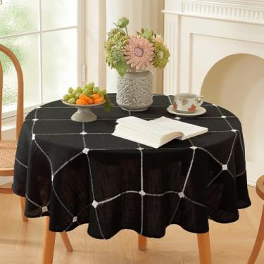 Imagem de Zobesta Toalha de mesa redonda de linho 134,6 cm, toalha de mesa redonda macia de fazenda lavável para cozinha, festa, casamento, piquenique, ao ar livre (xadrez preto, 133 x 53 polegadas)