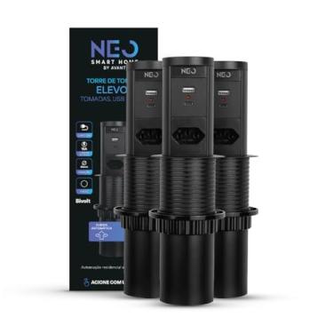 Imagem de Kit 3 Torre 1 Tomada Com USB Tipo C Embutir Retrátil Elevor Para Bancada Preto Cod: 370205870-3 Neo Avant