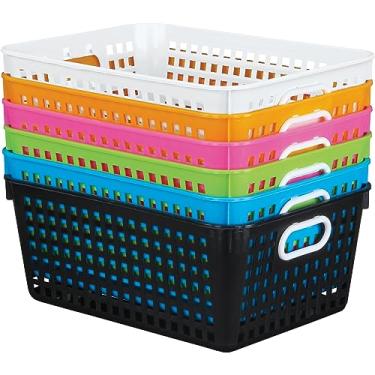 Imagem de Really Good Stuff Cestas de armazenamento de plástico para sala de aula ou uso doméstico – Cestas de plástico de malha empilháveis com alças – Cores neon brilhantes – 33 cm x 25 cm (conjunto de 6)