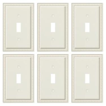Imagem de TREEWELL Pacote com 6 placas de cobertura de interruptor de luz única, capas decorativas de pérolas, policarbonato inquebrável, placa de parede de 1 gangue de amêndoa clara, resistente à corrosão
