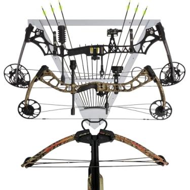Imagem de AceOrbit Suporte de exibição de arco e flecha montado na parede para acessórios de caça e tiro com arco Suporte de 3 arcos e 12 flechas de armazenamento para besta Suporte composto de arcos para