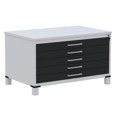 Imagem de Mapoteca 5 Gavetas Pandin 120 Cm (larg) Inmetro Tampo Mdp Cinza Estrutura Aço Cinza Gavetas Pretas