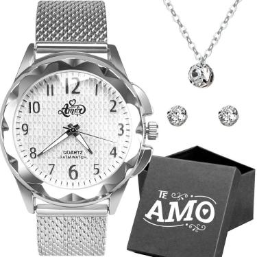 Imagem de Relogio Feminino Aço Inox Prata + Pulseira + Colar + Caixa Strass Moda Edição Limitada Original