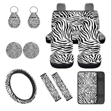 Imagem de gearider Conjunto completo de capas de assento de carro listradas zebra com capa de volante, almofada de console central, almofadas de cinto de segurança, porta-copos para copos, 12 peças de decoração