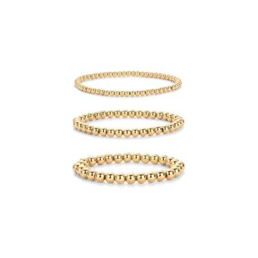 Imagem de PAVOI Pulseira feminina banhada a ouro amarelo 14K com contas - Conjunto de 3 pulseiras de ouro elástico - 16,5 cm