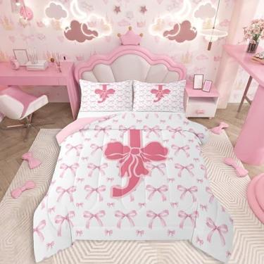 Imagem de Feelyou Conjunto de edredom com laço rosa, solteiro, letra J, para crianças, meninos, meninas, edredom com laço coquete, monograma, decoração de quarto de microfibra, 2 peças com 1 fronha