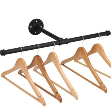 Imagem de Suporte para roupas de parede de ferro fundido, barra industrial em forma de T para pendurar roupas, suportes de roupas para organizadores de armários, haste de armário resistente de 53 cm (preto, 1