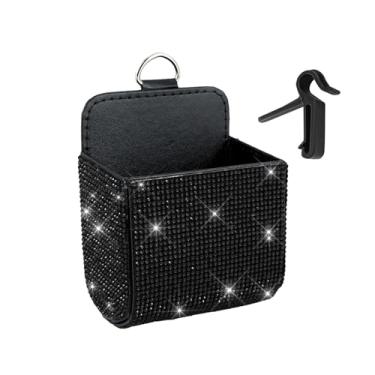Imagem de HQRNYP Organizador de armazenamento de ventilação de carro, porta-moedas para carro, bolso de couro para ventilação automotiva com strass, acessórios universais para carro, caixa com gancho, serve