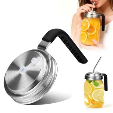 Imagem de Palksky Tampas de pote de vidro com boca larga com orifício de palha, tampa de aço inoxidável com alça e anéis de silicone, tampa de canudo resistente a derramamentos para café gelado, suco, limonada