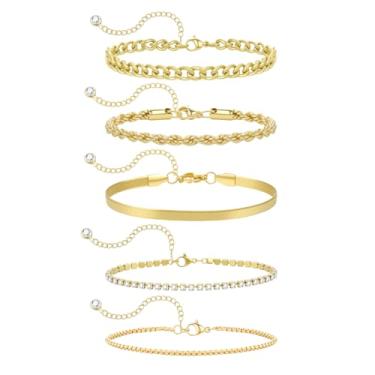 Imagem de Emibele Pulseiras de ouro para mulheres, conjunto de joias banhadas a ouro 14K, conjunto de pulseiras de tênis ajustáveis para mulheres, pulseiras de ouro delicadas de aço inoxidável, presente de
