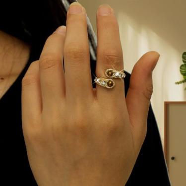Imagem de Anel aberto com pedra natural de olho de tigre marrom ajustável para mulheres, presente de aniversário de casamento na praia de verão para mulheres, 1.7cm, Metal, Sem pedra preciosa