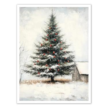 Imagem de Annual Ring Decoração de parede em tela de Natal vintage árvore grande na neve fazenda decoração de parede de Natal emoldurado/pôster grande impressões de arte de Natal 30,5 x 40,6 cm
