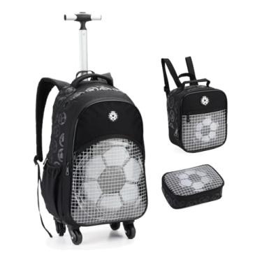 Imagem de Kit Mochila Escolar com Rodas, Design Futebol, 3 Peças, Mochila Juvenil para Meninos com Alça Telescópica, Cor Preta
