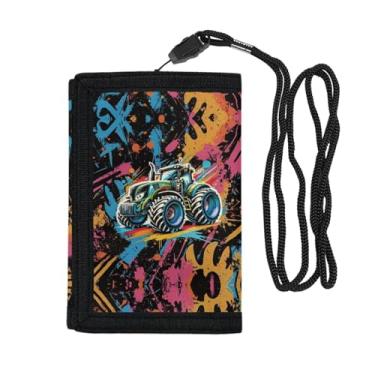 Imagem de Carteira infantil com cordão para meninos pequena e fina com três dobras, porta-cartões modernos com janela para identidade, Trator