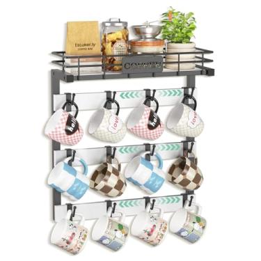 Imagem de EsLuker.ly Suporte de parede para caneca de café, organizador de cabide de copo de metal com 12 ganchos de plástico móveis, prateleira rústica de madeira para café, cozinha, preto + branco