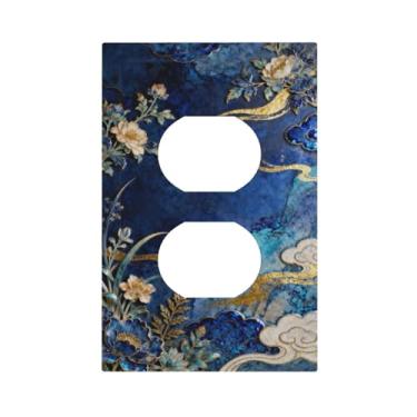 Imagem de WUYOCHA Capas de tomada decorativas flor azul branca linha dourada nuvem 1 gangue placa de cobertura de interruptor de luz dupla placas de parede exclusivas para tomadas elétricas capas de placa de