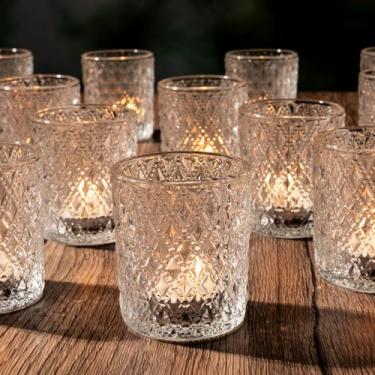 Imagem de Romcanmy 12 peças de castiçais votivos, suporte de vela de vidro transparente de 5 x 6,3 cm com diamante em relevo para centros de mesa, pequenos suportes de luz de chá de cristal elegantes para