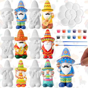 Imagem de Arrowbash 6 peças de cerâmica mexicana para pintar, prontas para pintar suas próprias estátuas de gnomo com tema mexicano de 13 cm, estatuetas pintáveis com tema do México, faça você mesmo, artesanato