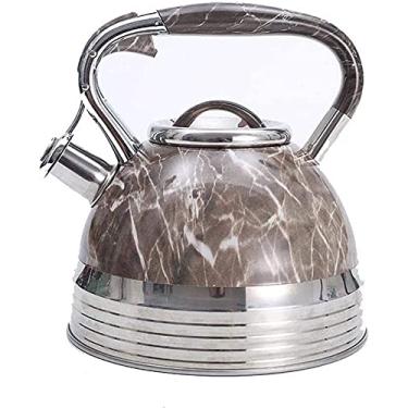 Imagem de Chaleira para fogão, chaleira para fogão, acampamento, apito, bule de chá, padrão de mármore, aço inoxidável 201, com alça ergonômica (marrom prata)