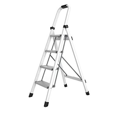 Imagem de Escadas dobráveis escada de degrau 4 degraus banqueta dobrável com apoio de braço esponja e pedal antiderrapante comporta escadas de metal de até 150 kg (branca) escada resistente (cor: branco