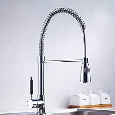 Imagem de Torneira de pia de cozinha de latão puxar para baixo torneira de cozinha moderna de alavanca única torneira de cozinha giratória arbitrária com bico giratório pescoço de ganso flexível montado no deck