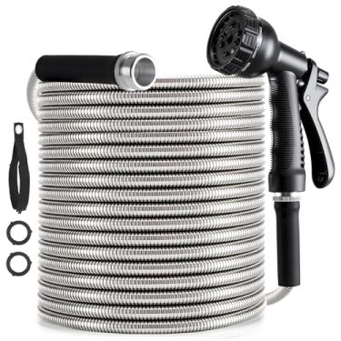 Imagem de Mangueira de jardim 30,5 m, mangueira de água de aço inoxidável 304 com bocal de 10 funções, sem dobras, mangueira flexível, à prova de perfuração, à prova de animais de estimação, mangueira de metal