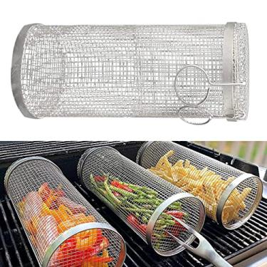 Imagem de Cesta de grelha rolante para churrasco, cesta de grade cilíndrica de malha de arame de aço inoxidável, malha para churrasqueira externa - cestas de grelha cilíndricas para grelhar legumes, peixe