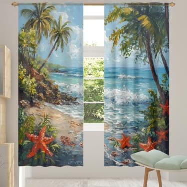 Imagem de 2 conjuntos de painéis, estrela-do-mar, palmeira, praia, mar, cortinas transparentes, arejadas, com filtro leve, painéis de cortina para porta e janela para sala de estar, quarto, jantar, 192 cm de