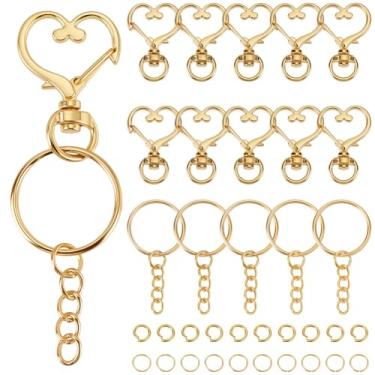 Imagem de SOFPLATE 80 peças 20 conjuntos de chaveiro em forma de coração clipe de chaveiro de coração dourado fecho de metal ganchos de encaixe giratório chaveiro dividido com corrente anéis de salto para