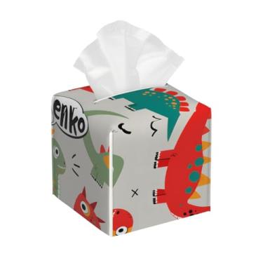 Imagem de Porta-lenços de couro quadrado à prova d'água dinossauro fofo Ennko Word organizador de papel facial com cinto inferior cubo estojo de lenços para mesa, banheiro, escritório, mesa, carro, decorativo