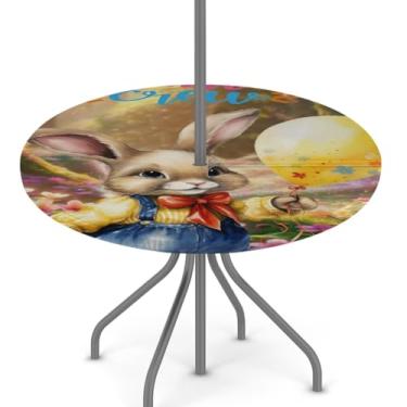 Imagem de hongjinglin Toalha de mesa de Páscoa para uso ao ar livre com orifício para guarda-chuva, toalha de mesa redonda elástica com zíper, impermeável, limpável, para piquenique, festa, pátio, serve para