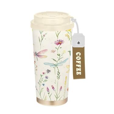 Imagem de SEHANY Caneca de viagem colorida de ervas silvestres de 500 ml Copos de café reutilizáveis revestidos de cerâmica com tampa à prova de vazamento, parede dupla, isolamento a vácuo, copo de café de aço