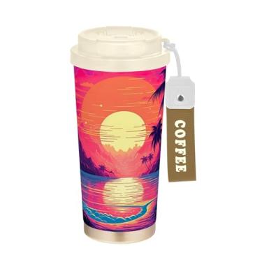 Imagem de SEHANY Caneca de viagem com palmeira de verão, 482 g, copos de café reutilizáveis revestidos de cerâmica com tampa à prova de vazamento, parede dupla, isolamento a vácuo, copo de café de aço