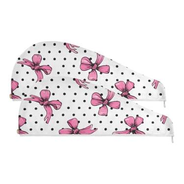 Imagem de SEHANY Linda toalha de cabelo de microfibra com laço rosa para mulheres, 2 peças, turbantes de cabelo de secagem rápida com botão, touca de cabelo seco absorvente toalha de secagem de cabelo para
