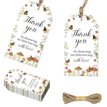 Imagem de 50 peças de etiquetas de agradecimento para chá de bebê Love Bug, etiquetas de presente com tema de inseto floral verde com barbante para lembrancinhas de chá de bebê, 50 etiquetas de papel para bebês