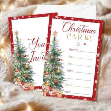 Imagem de CWIOQPYI Convites de festa de Natal, conjunto de 25 cartões de convite de árvore de Natal com envelopes para decorações de férias de inverno, convites vermelhos para suprimentos de festa - A06